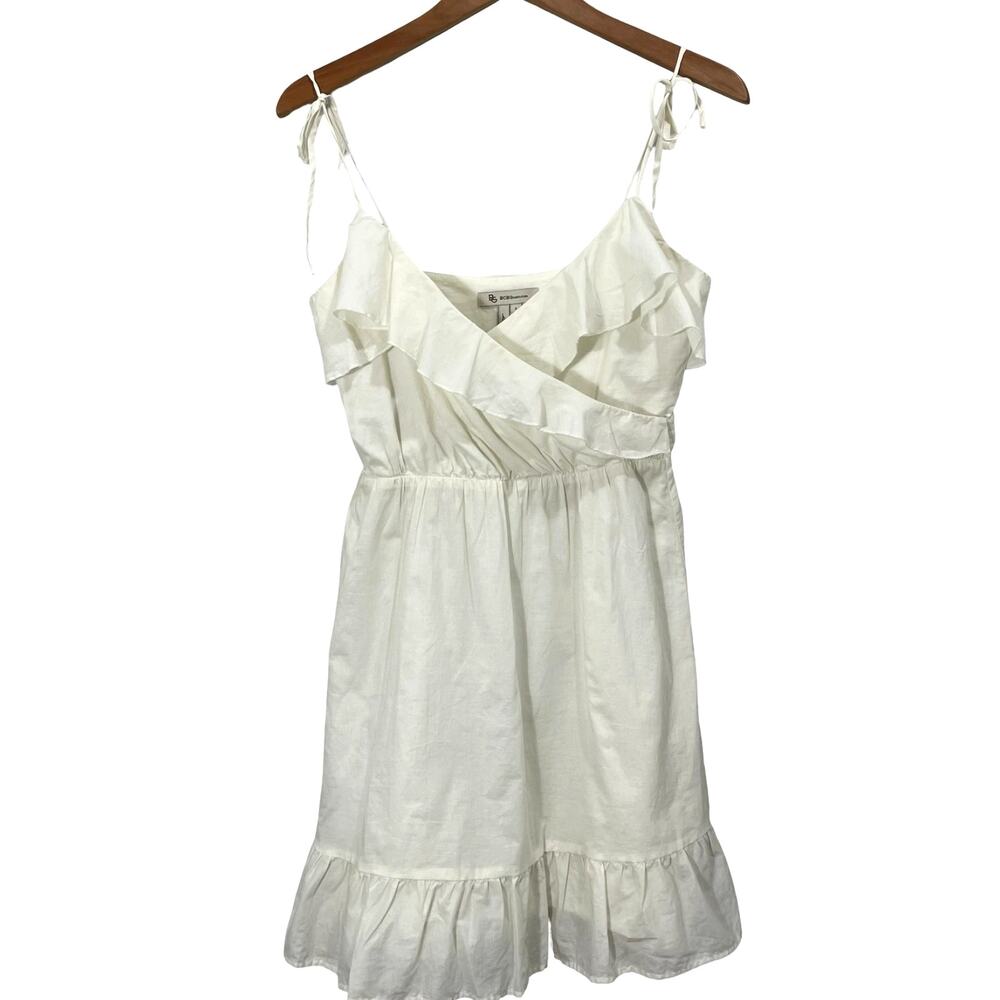BCBGeneration White Ruffle Surplice Mini Dress Spaghetti Tie Strap- Size Small
